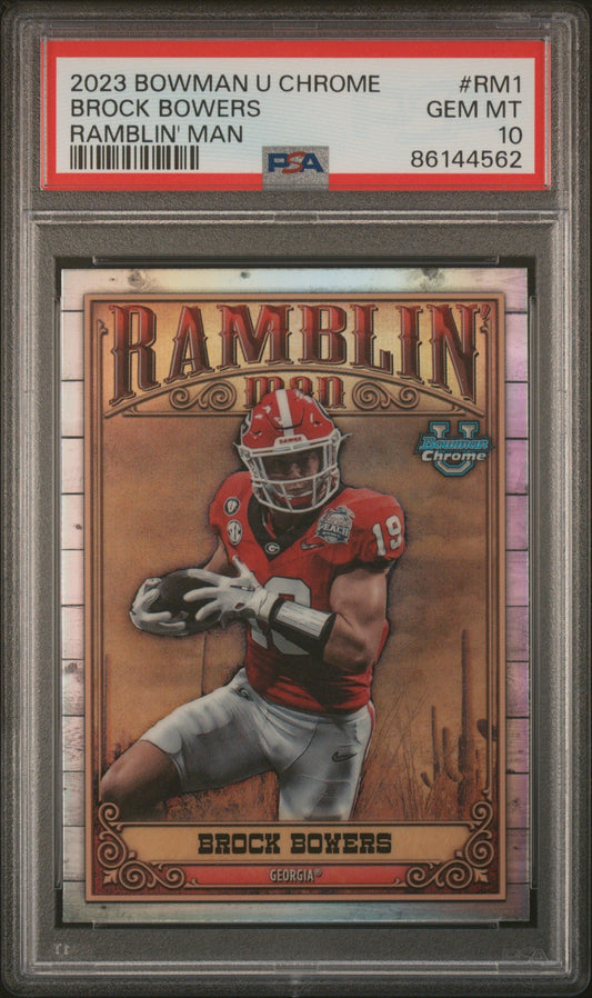 Graded 2023 Topps Bowman U Chrome Brock Bowers #RM1 Ramblin Man Rookie RC Football Card PSA 10 Gem Mint