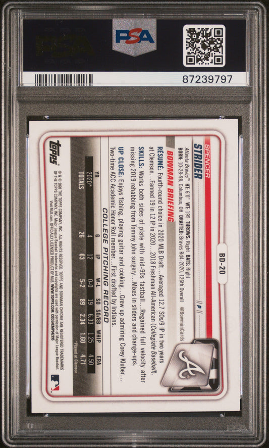 Graded 2020 Topps Bowman Draft Spencer Strider #BD20 Chrome Rookie RC Baseball Card PSA 10 Gem Mint