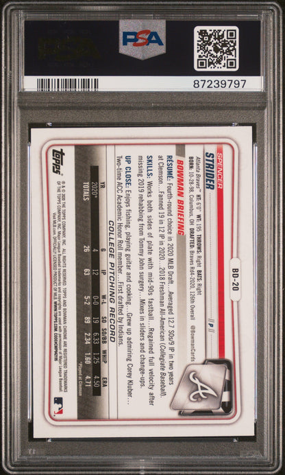 Graded 2020 Topps Bowman Draft Spencer Strider #BD20 Chrome Rookie RC Baseball Card PSA 10 Gem Mint