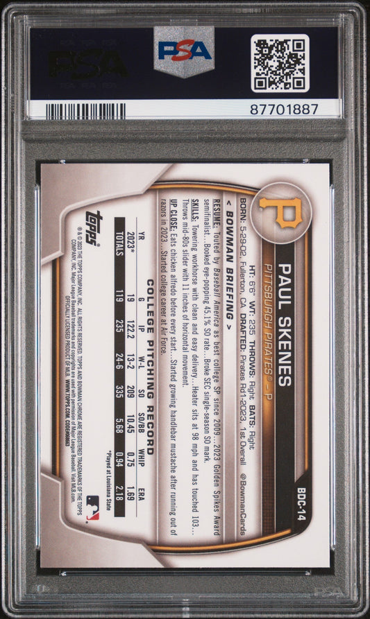 Graded 2023 Topps Bowman Draft Paul Skenes #BDC14 Chrome Rookie RC Baseball Card PSA 10 Gem Mint