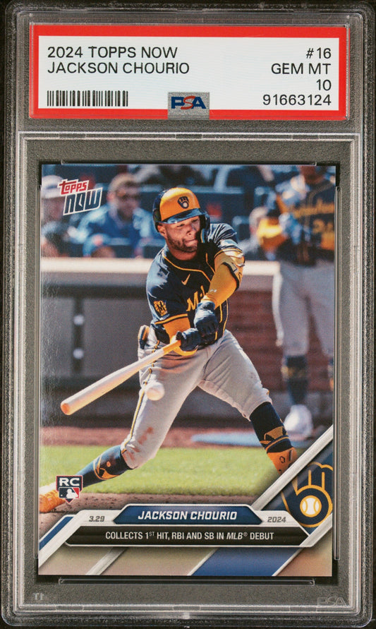 Graded 2024 Topps Now Jackson Chourio #16 Rookie RC Baseball Card PSA 10 Gem Mint