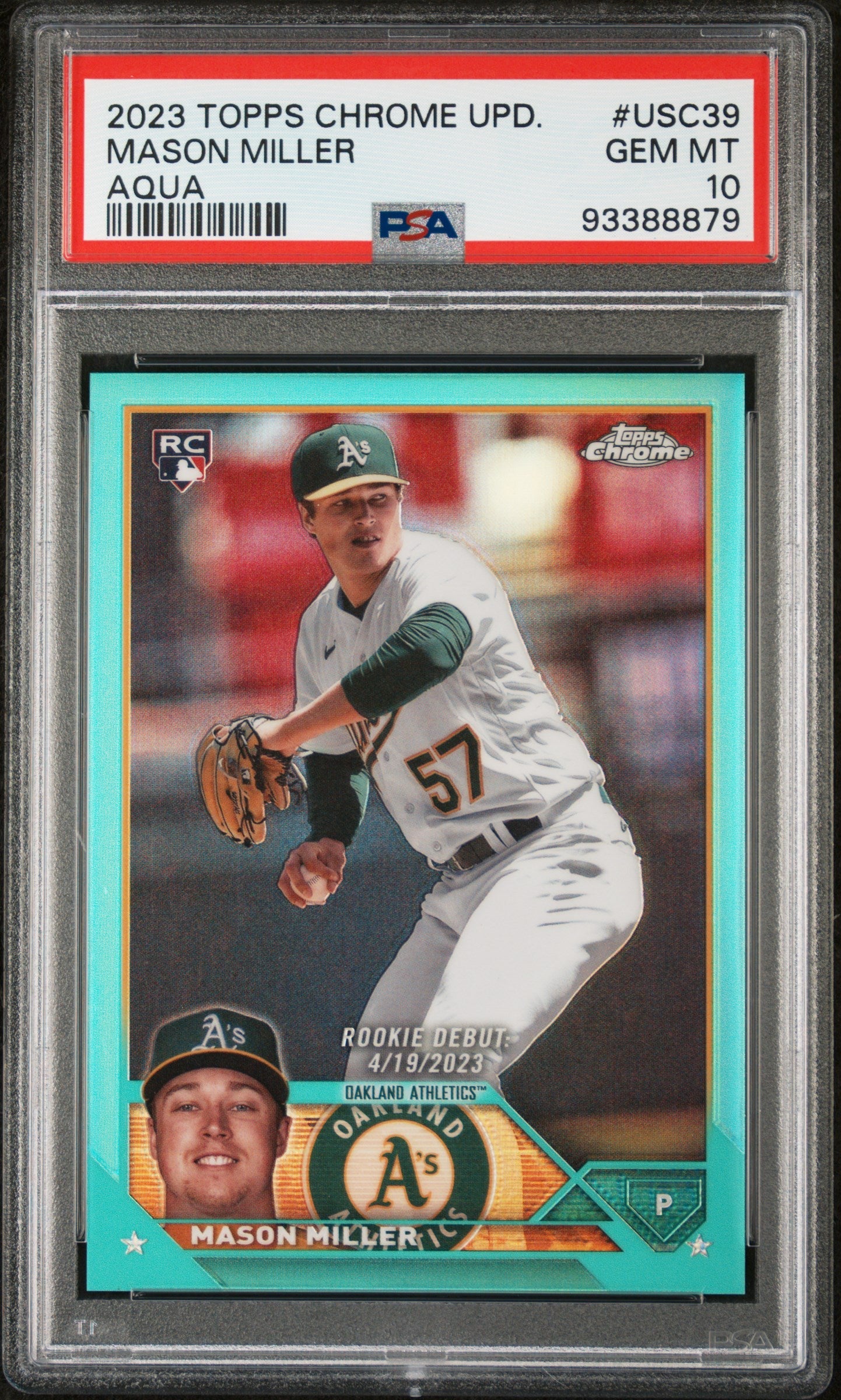 Graded 2023 Topps Chrome Update Mason Miller #USC39 Aqua #/199 Rookie RC Baseball Card PSA 10 Gem Mint