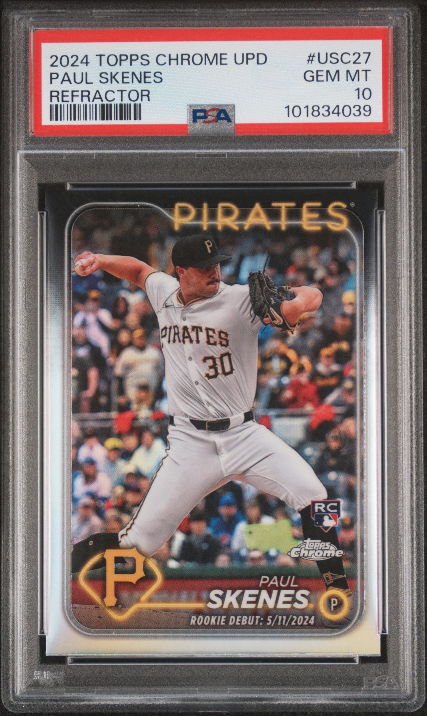 Graded 2024 Topps Chrome Update Paul Skenes #USC27 Refractor Rookie RC Baseball Card PSA 10 Gem Mint