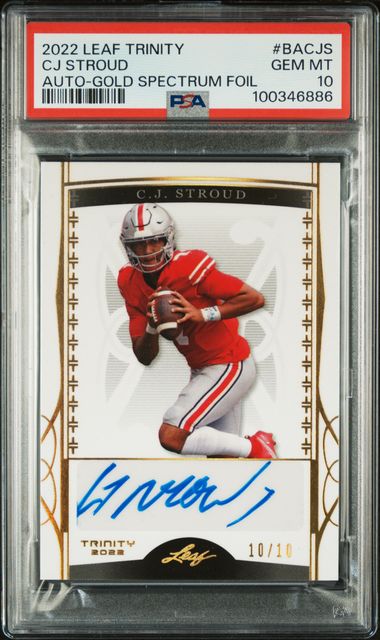 Graded 2022 Leaf Trinity Gold Spectrum Foil CJ Stroud #BACJS Autographed #10/10 Rookie RC Football Card PSA 10 Gem Mint