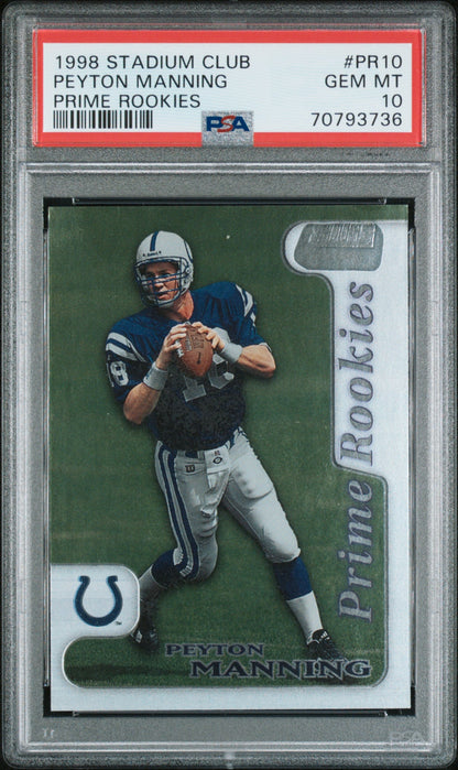 Graded 1998 Topps Stadium Club Peyton Manning #PR10 Prime Rookies Rookie RC Football Card PSA 10 Gem Mint