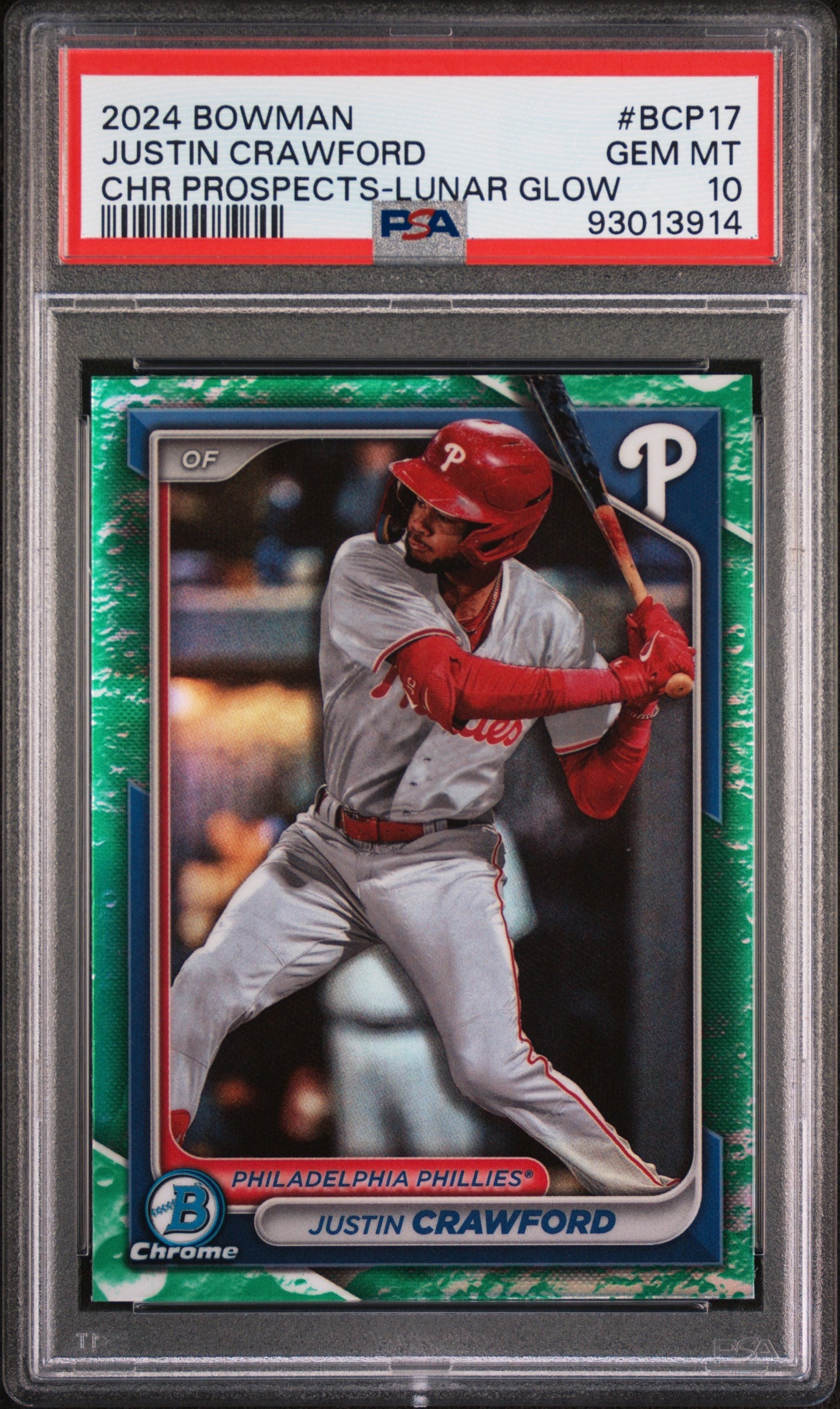 Graded 2024 Topps Bowman Justin Crawford #BCP17 Chrome Prospects Lunar Glow Rookie RC Baseball Card PSA 10 Gem Mint