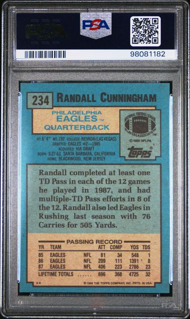 Graded 1988 Topps Randall Cunningham #234 Football Card PSA 10 Gem Mint