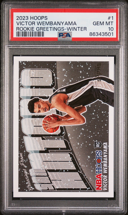 Graded 2023 Panini NBA Hoops Victor Wembanyama #1 Rookie Greetings Winter Rookie RC Basketball Card PSA 10 Gem Mint