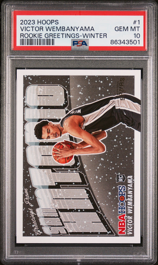 Graded 2023 Panini NBA Hoops Victor Wembanyama #1 Rookie Greetings Winter Rookie RC Basketball Card PSA 10 Gem Mint