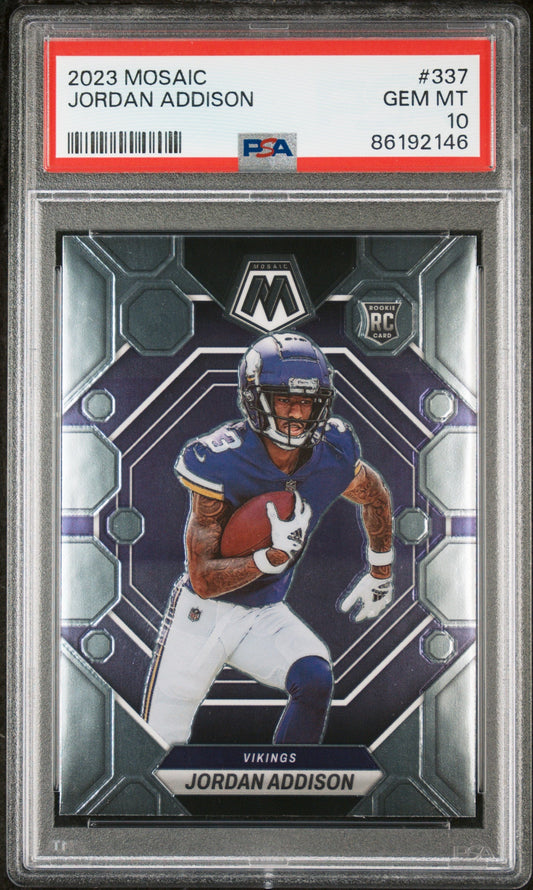 Graded 2023 Panini Mosaic Jordan Addison #337 Rookie RC Football Card PSA 10 Gem Mint
