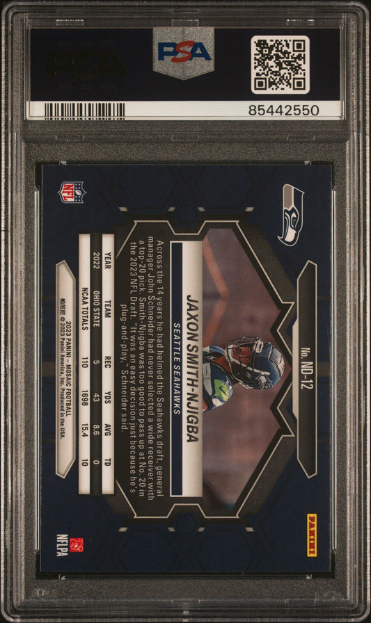 Graded 2023 Panini Mosaic Jaxon Smith-Njigba #ND12 NFL Debut Rookie RC Football Card PSA 10 Gem Mint