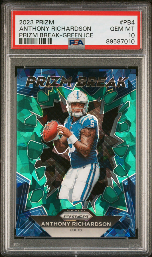 Graded 2023 Panini Prizm Anthony Richardson #PB4 Prizm Break Green Ice Rookie RC Football Card PSA 10 Gem Mint