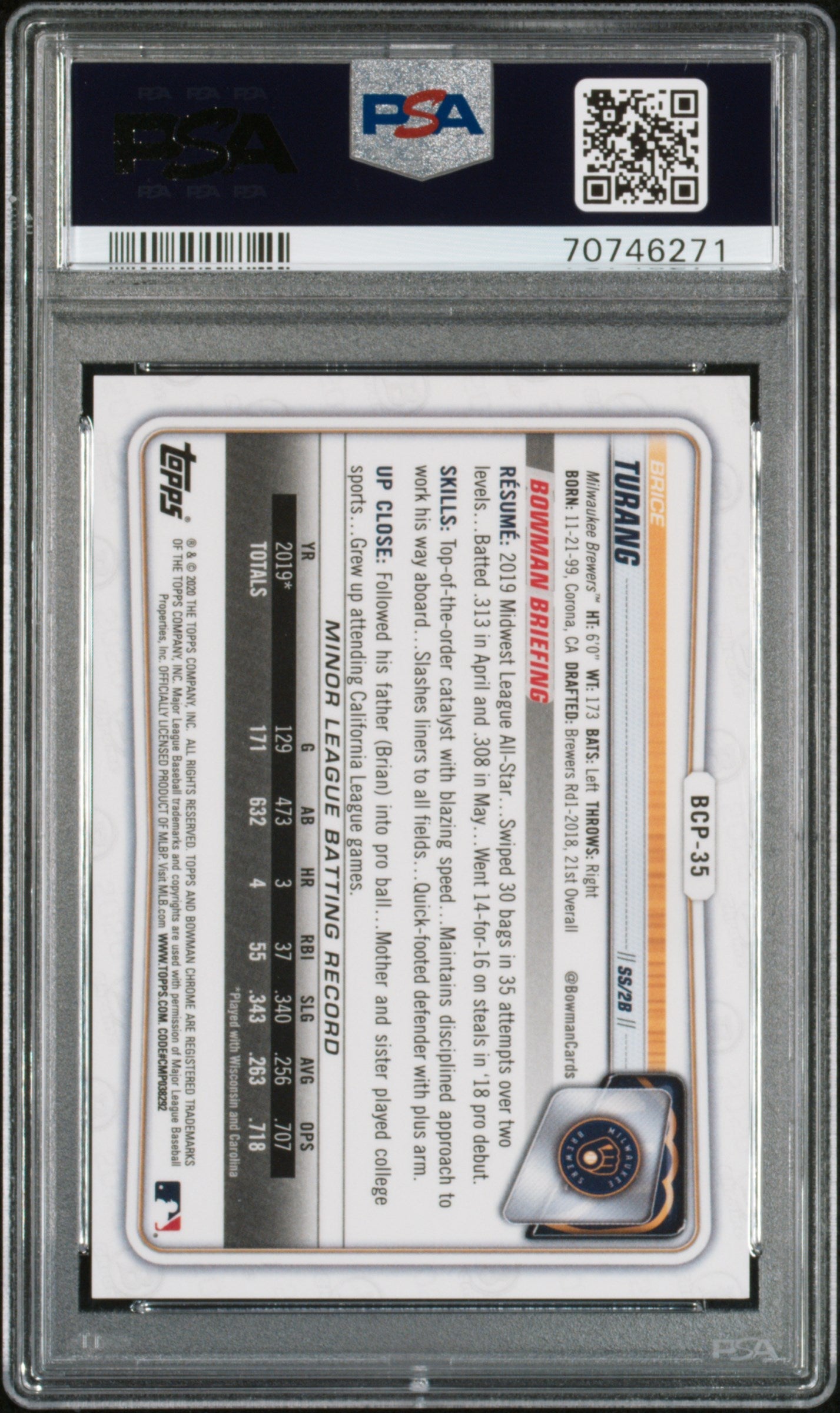 Graded 2020 Topps Bowman Chrome Brice Turang #BCP35 Prospects Blue Refractor #/150 Rookie RC Baseball Card PSA 10 Gem Mint