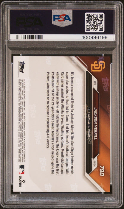 Graded 2024 Topps Now Jackson Merrill #790 Rookie RC Baseball Card PSA 10 Gem Mint