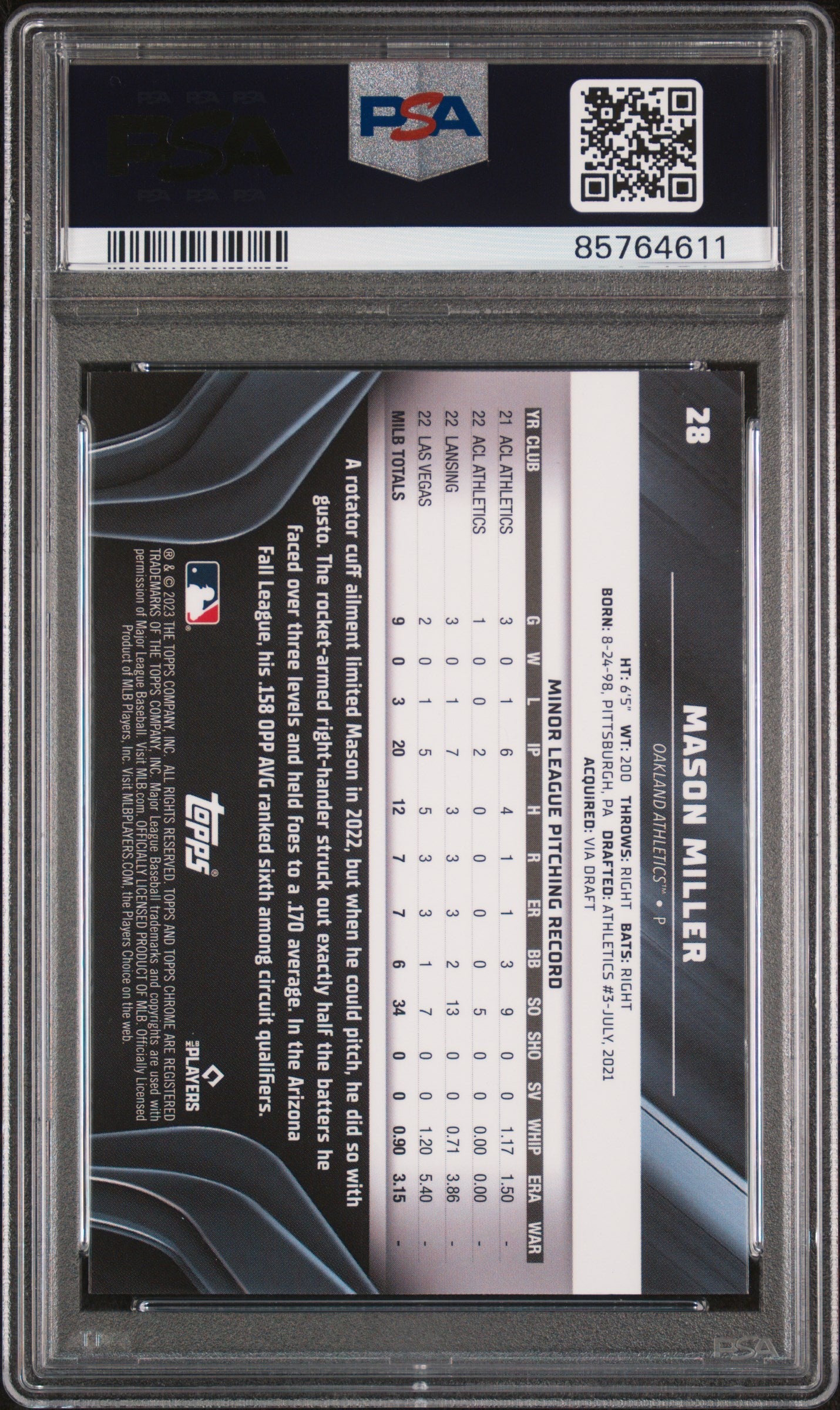 Graded 2023 Topps Chrome Black Mason Miller #28 Rookie RC Baseball Card PSA 10 Gem Mint