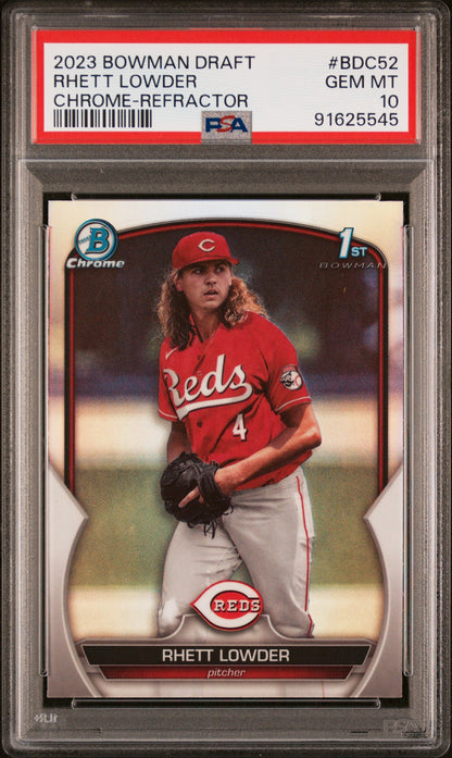 Graded 2023 Topps Bowman Draft Rhett Lowder #BDC52 Chrome Refractor Rookie RC Baseball Card PSA 10 Gem Mint