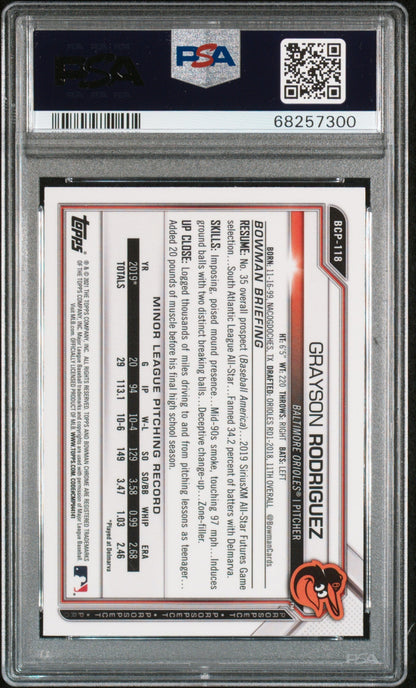Graded 2021 Topps Bowman Grayson Rodriguez #BCP118 Chrome Prospects Atomic Refractor Rookie RC Baseball Card PSA 10 Gem Mint