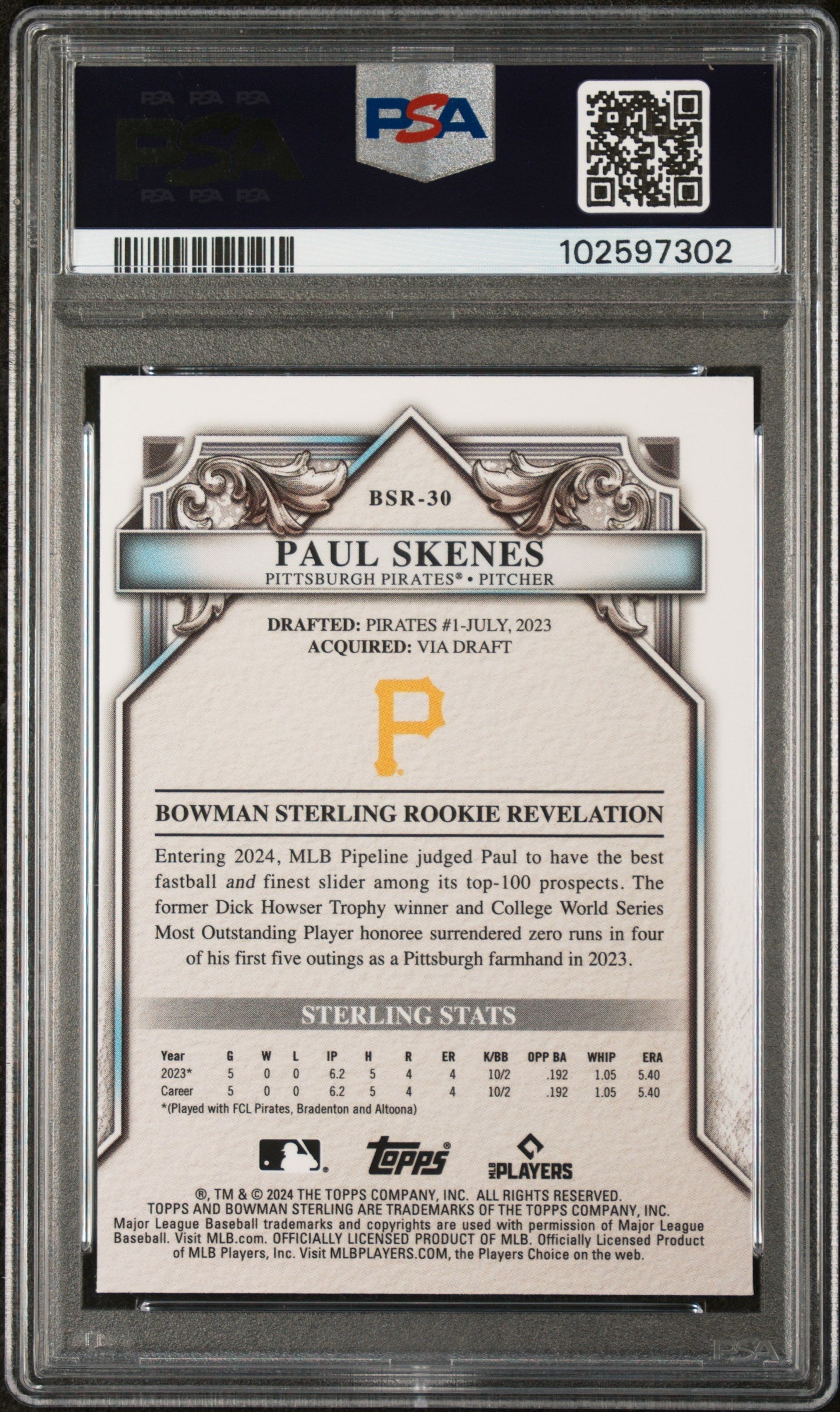 Graded 2024 Topps Bowman Sterling Paul Skenes #BSR30 Rookies Rookie RC Baseball Card PSA 9 Mint
