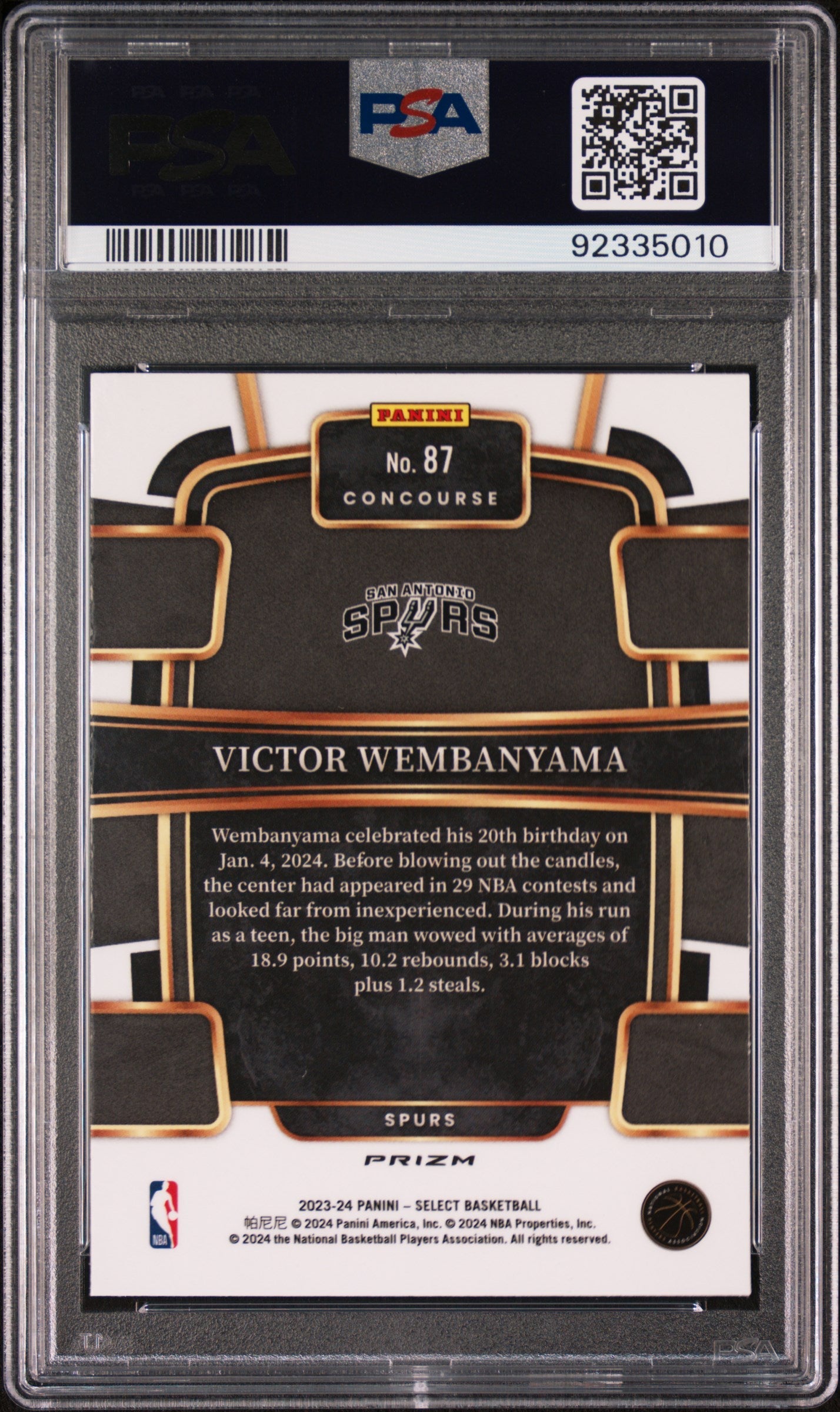Graded 2023 Panini Select Victor Wembanyama #87 Orange Flash Rookie RC Basketball Card PSA 10 Gem Mint