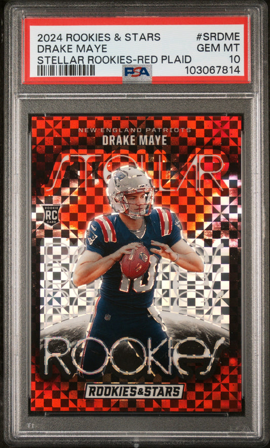 Graded 2024 Panini Rookies & Stars Drake Maye #SRDME Stellar Rookies Red Plaid Rookie RC Football Card PSA 10 Gem Mint