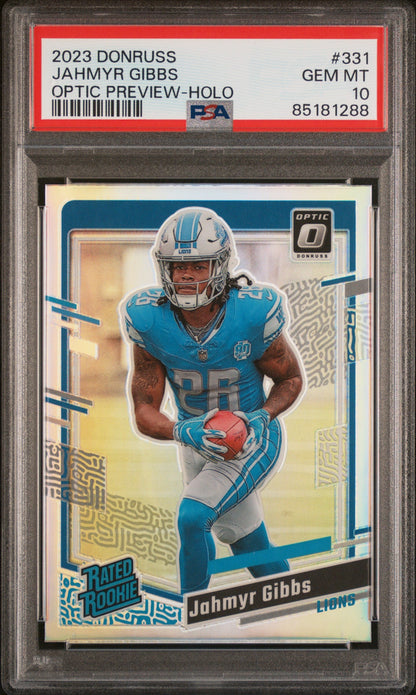 Graded 2023 Panini Donruss Jahmyr Gibbs #331 Optic Preview Holo Rookie RC Football Card PSA 10 Gem Mint