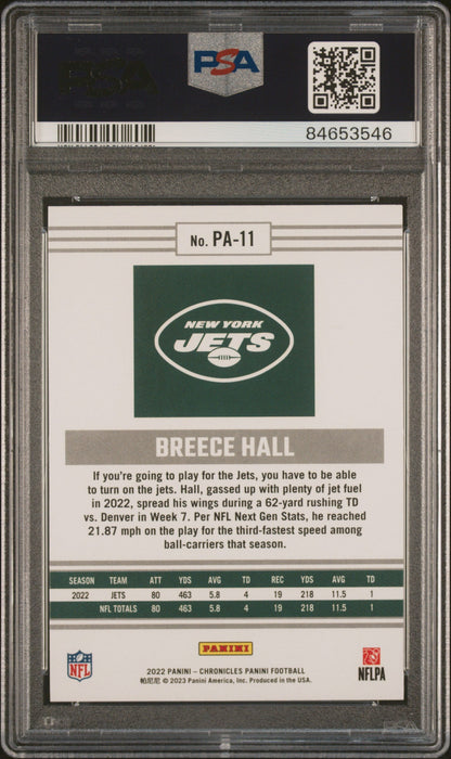 Graded 2022 Panini Chronicles Breece Hall #PA11 Panini Rookie RC Football Card PSA 10 Gem Mint