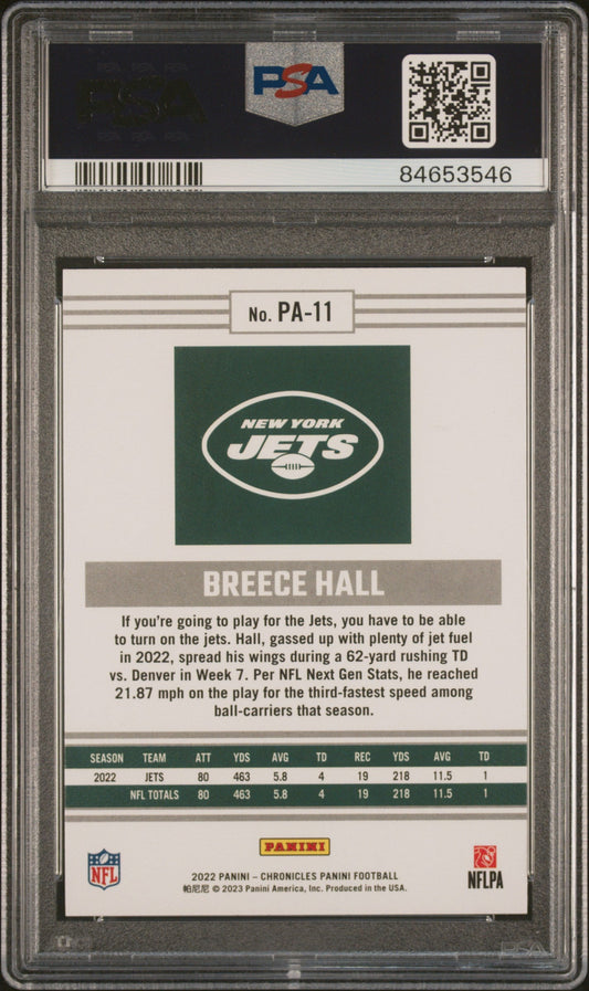Graded 2022 Panini Chronicles Breece Hall #PA11 Panini Rookie RC Football Card PSA 10 Gem Mint