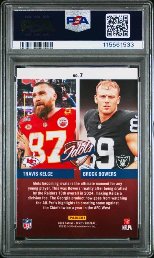 Graded 2024 Panini Zenith Travis Kelce/Brock Bowers #7 Idols Rookie RC Football Card PSA 10 Gem Mint