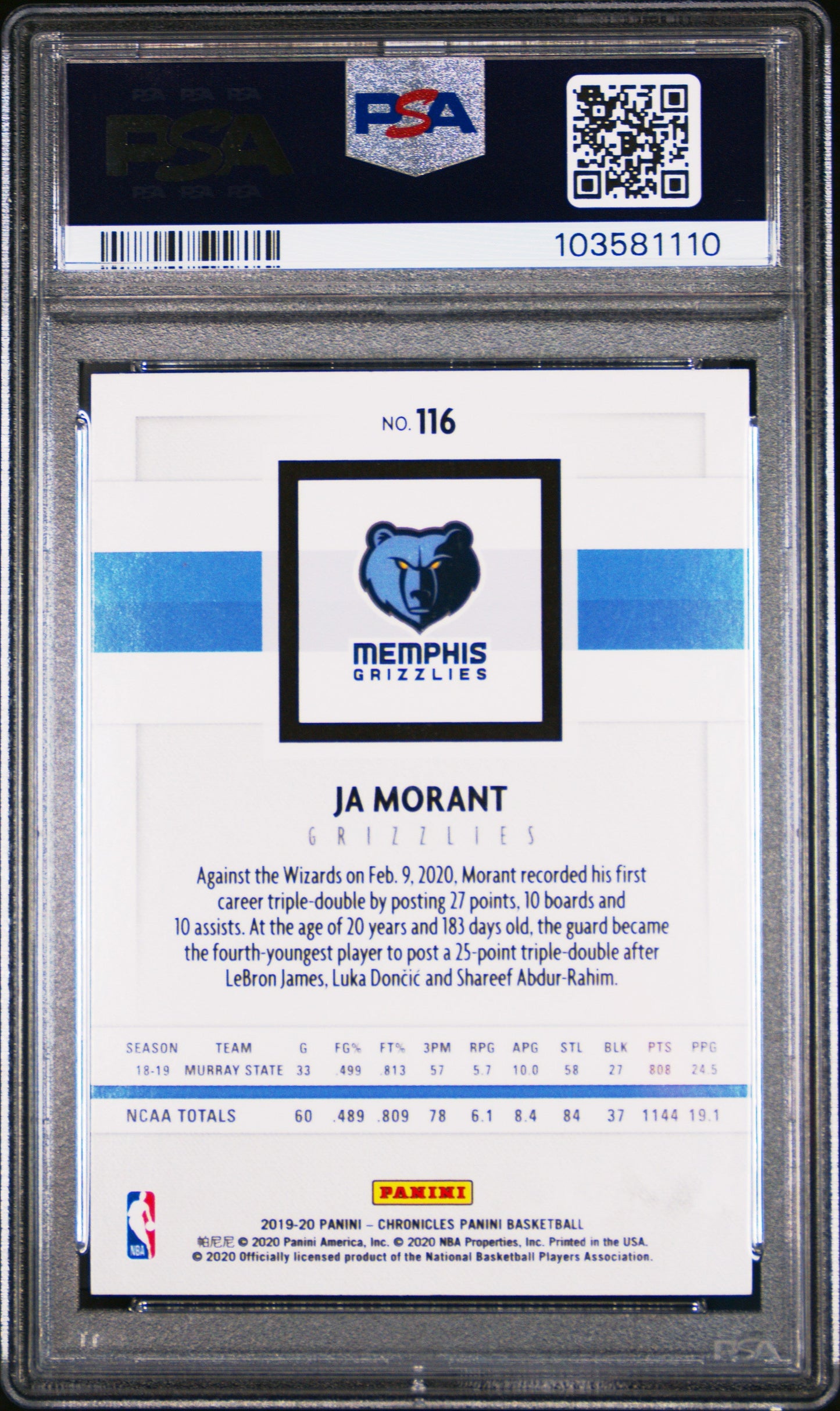 Graded 2019 Panini Chronicles Ja Morant #116 Bronze Rookie RC Basketball Card PSA 9 Mint