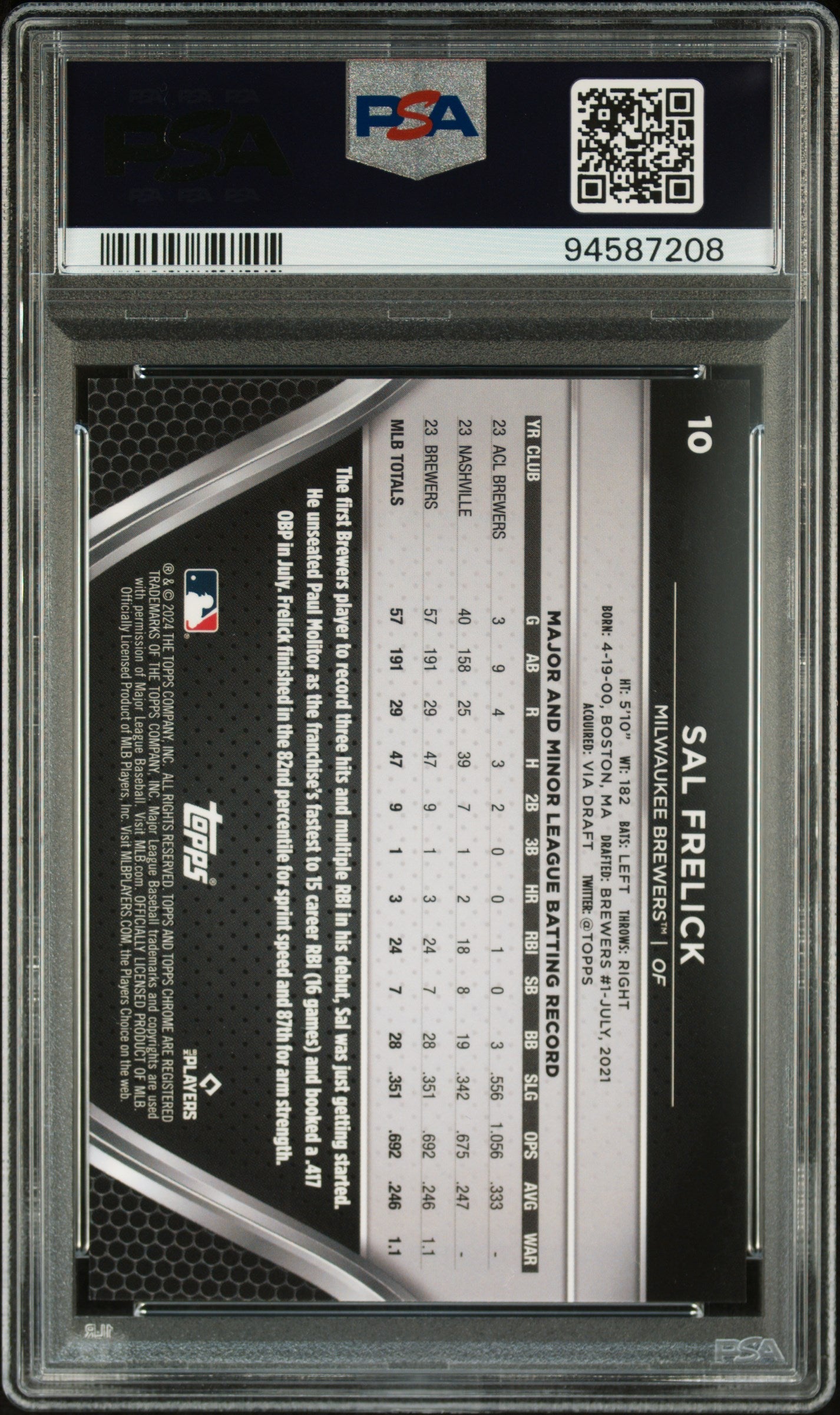 Graded 2024 Topps Chrome Black Sal Frelick #10 Gold Refractor #/50 Rookie RC Baseball Card PSA 10 Gem Mint