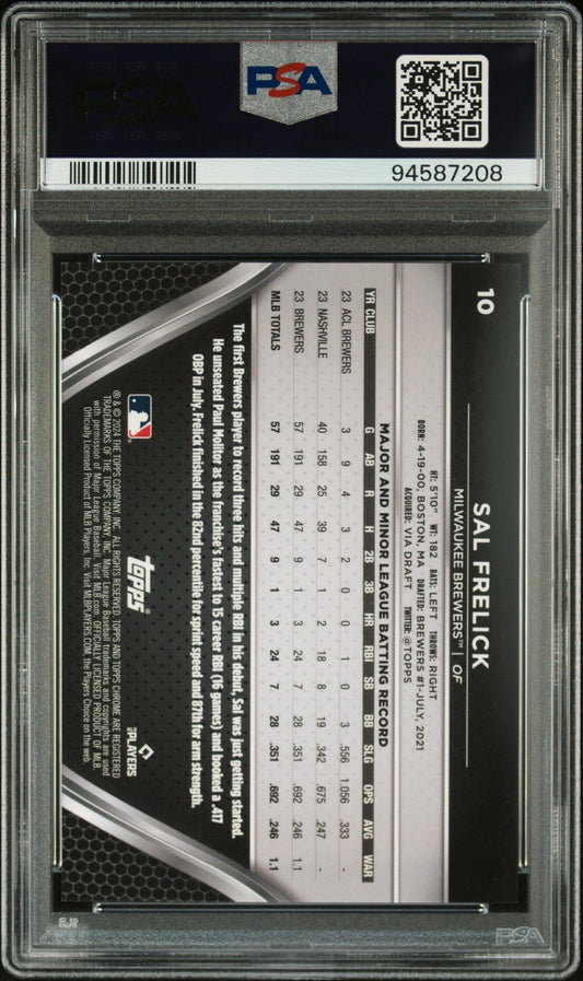 Graded 2024 Topps Chrome Black Sal Frelick #10 Gold Refractor #/50 Rookie RC Baseball Card PSA 10 Gem Mint