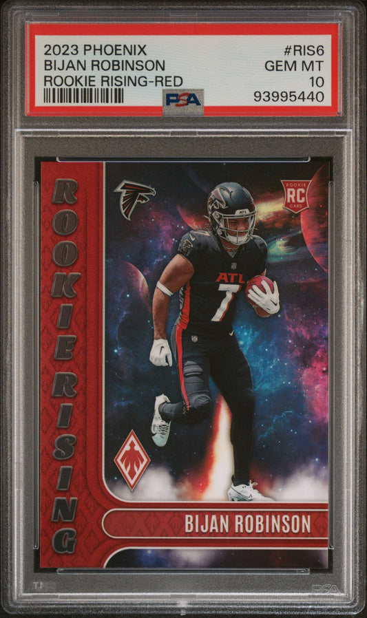 Graded 2023 Panini Phoenix Bijan Robinson #RIS6 Rookie Rising Red #/199 Rookie RC Football Card PSA 10 Gem Mint