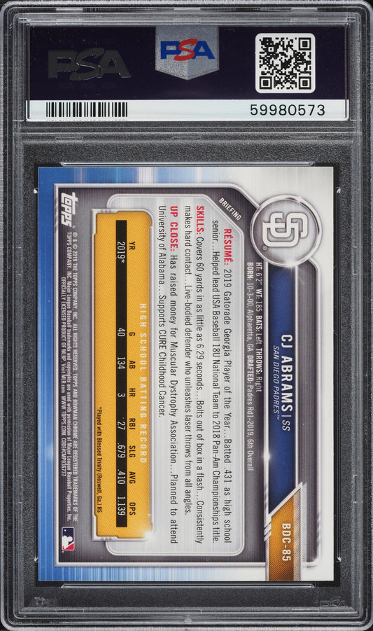 Graded 2019 Topps Bowman Draft CJ Abrams #BDC85 Chrome Fielding Rookie RC Baseball Card PSA 10 Gem Mint