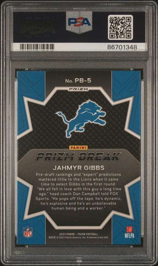 Graded 2023 Panini Prizm Jahmyr Gibbs #PB5 Prizm Break Green Rookie RC Football Card PSA 10 Gem Mint