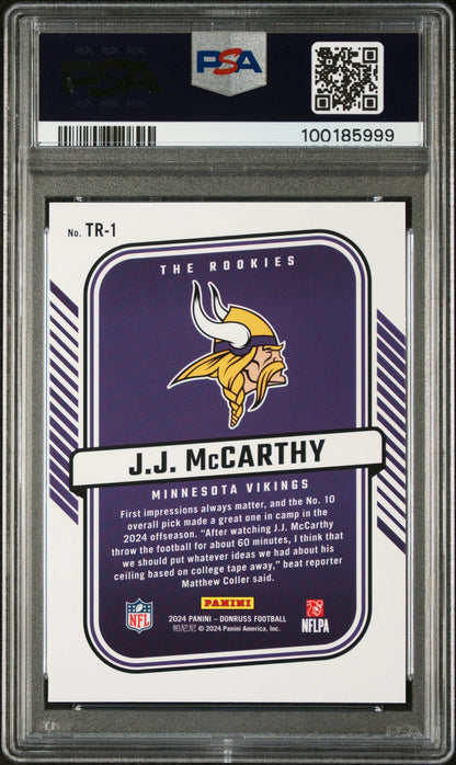 Graded 2024 Panini Donruss JJ McCarthy #TR1 The Rookies Rookie RC Football Card PSA 10 Gem Mint