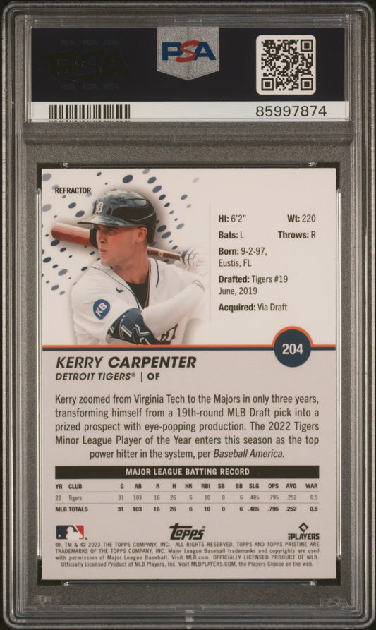 Graded 2023 Topps Pristine Kerry Carpenter #204 Refractor Rookie RC Baseball Card PSA 10 Gem Mint