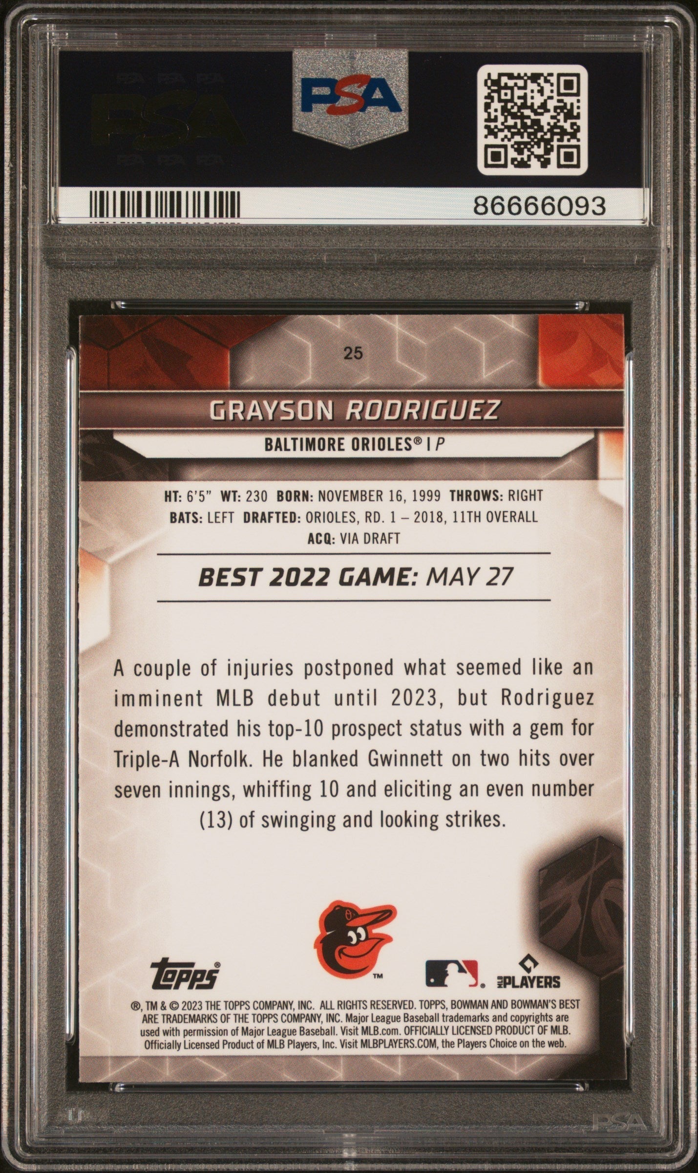 Graded 2023 Topps Bowmans Best Grayson Rodriguez #25 Rookie RC Baseball Card PSA 10 Gem Mint