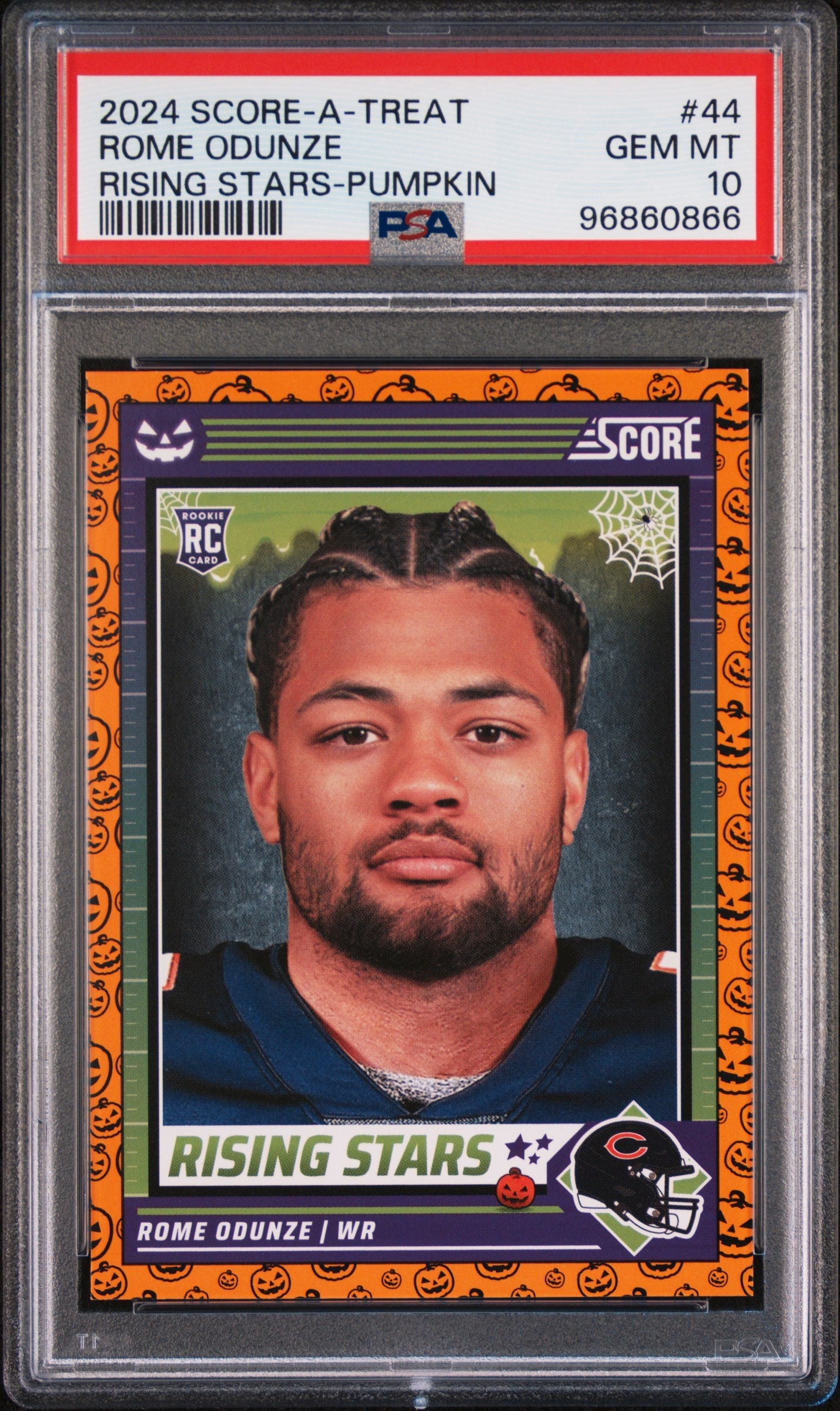 Graded 2024 Panini Score-A-Treat Rome Odunze #44 Rising Stars Pumpkin Rookie RC Football Card PSA 10 Gem Mint