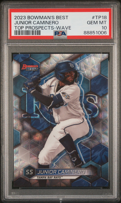 Graded 2023 Topps Bowmans Best Junior Caminero #TP18 Top Prospects Wave Rookie RC Baseball Card PSA 10 Gem Mint