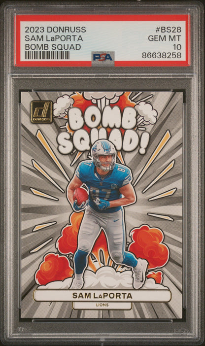 Graded 2023 Panini Donruss Sam LaPorta #BS28 Bomb Squad Rookie RC Football Card PSA 10 Gem Mint