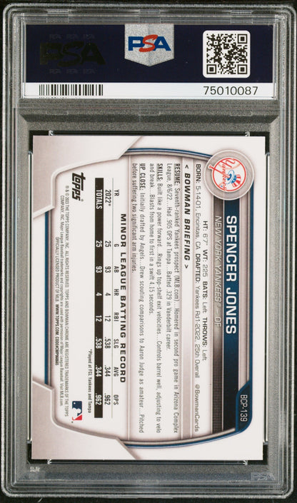 Graded 2023 Topps Bowman Spencer Jones #BCP139 Rookie RC Baseball Card PSA 10 Gem Mint