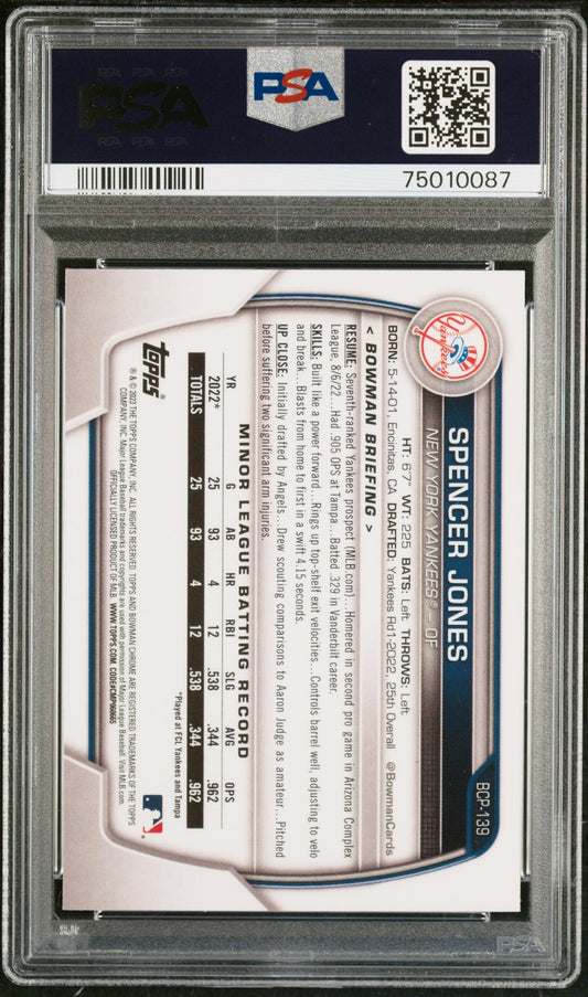 Graded 2023 Topps Bowman Spencer Jones #BCP139 Rookie RC Baseball Card PSA 10 Gem Mint