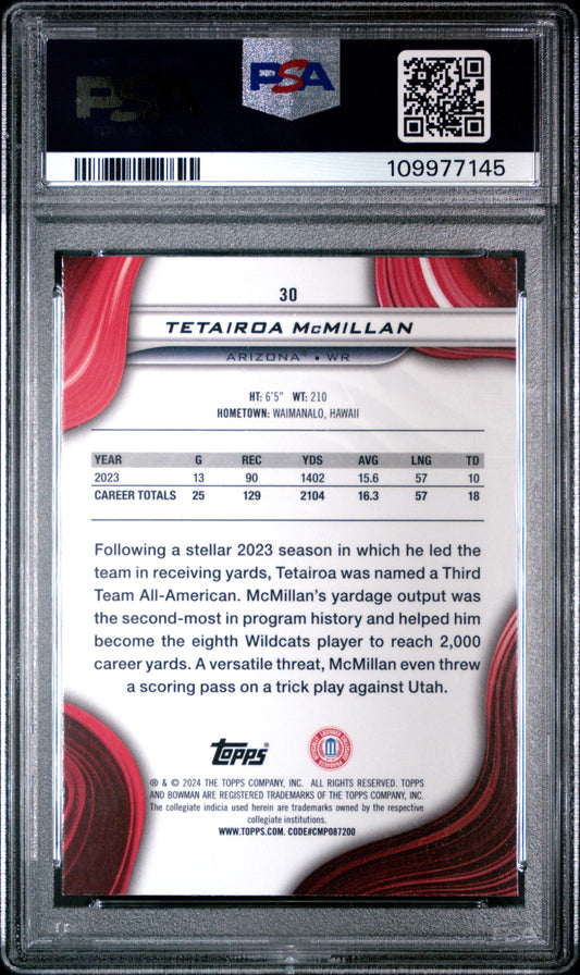 Graded 2024 Topps Bowman Best University Tetairoa McMillan #30 Rookie RC Football Card PSA 10 Gem Mint