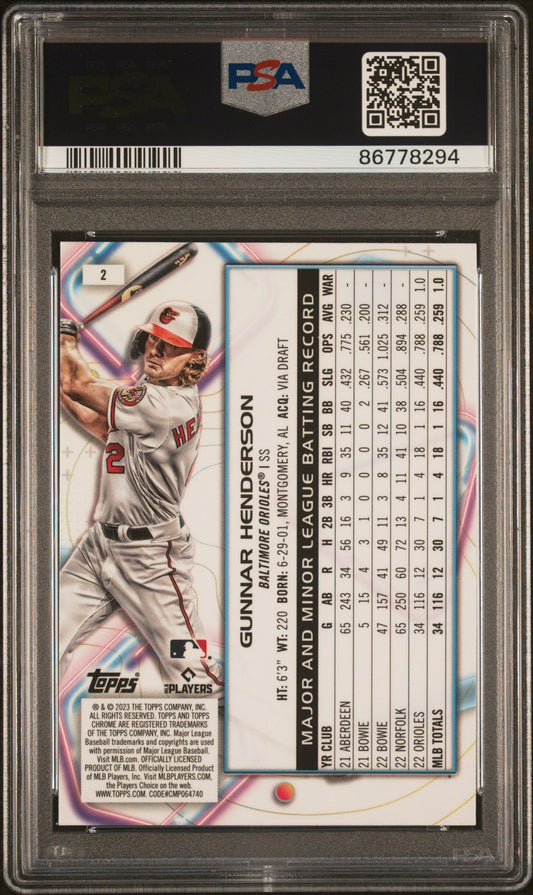Graded 2023 Topps Cosmic Chrome Gunnar Henderson #2 Rookie RC Baseball Card PSA 10 Gem Mint