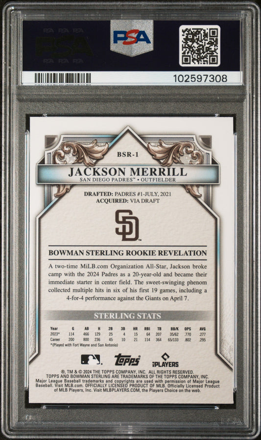 Graded 2024 Topps Bowman Sterling Jackson Merrill #BSR1 Rookies Rookie RC Baseball Card PSA 9 Mint