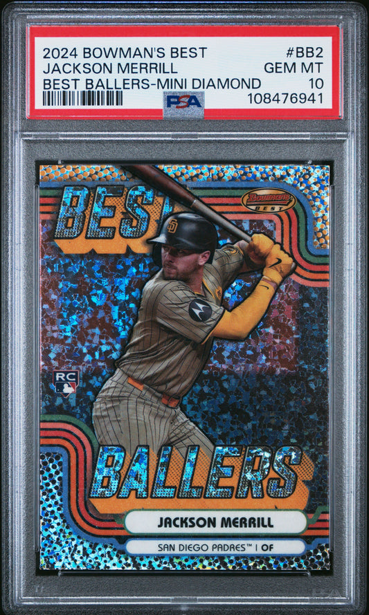 Graded 2024 Topps Bowmans Best Jackson Merrill #BB2 Best Ballers Mini Diamond Rookie RC Baseball Card PSA 10 Gem Mint