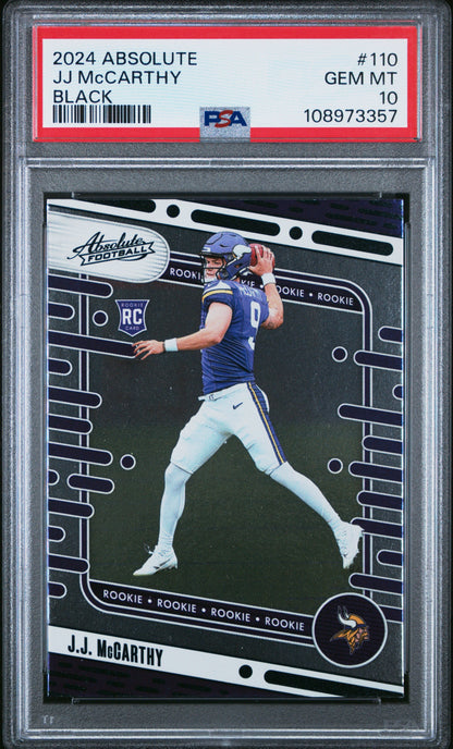Graded 2024 Panini Absolute JJ McCarthy #110 Black Rookie RC Football Card PSA 10 Gem Mint