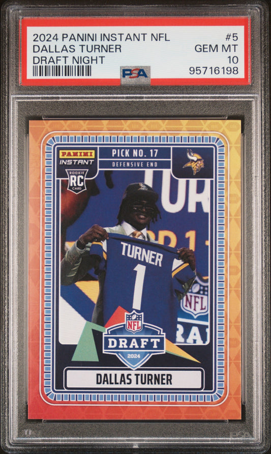 Graded 2024 Panini Instant NFL Dallas Turner #5 Draft Night Rookie RC Football Card PSA 10 Gem Mint