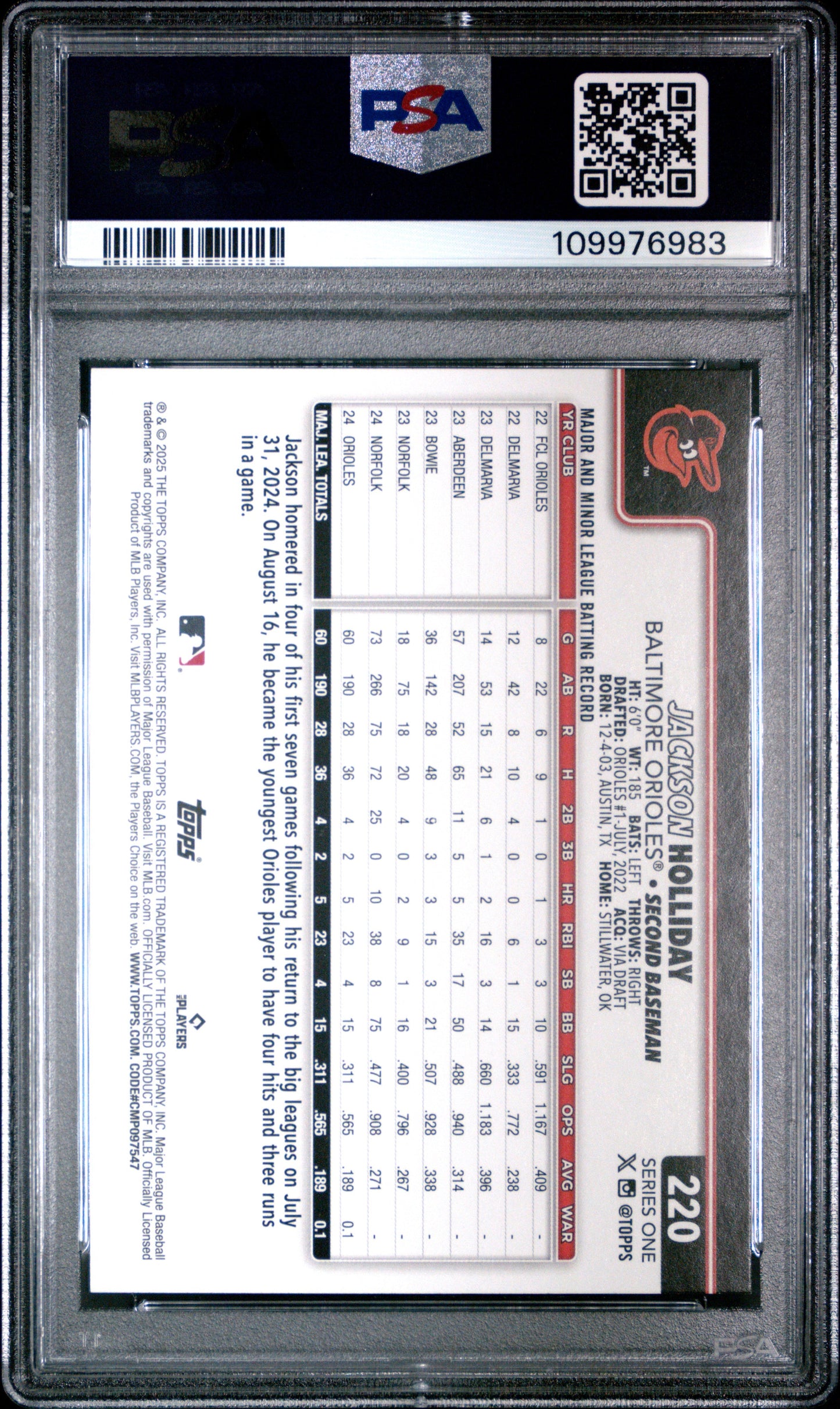 Graded 2025 Topps Jackson Holliday #220 Future Stars Baseball Card PSA 10 Gem Mint