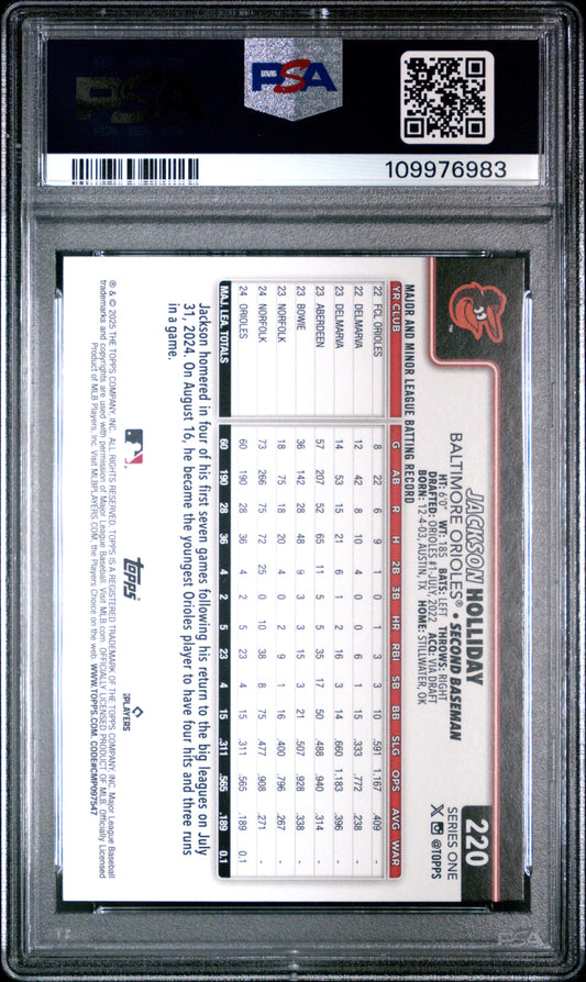 Graded 2025 Topps Jackson Holliday #220 Future Stars Baseball Card PSA 10 Gem Mint